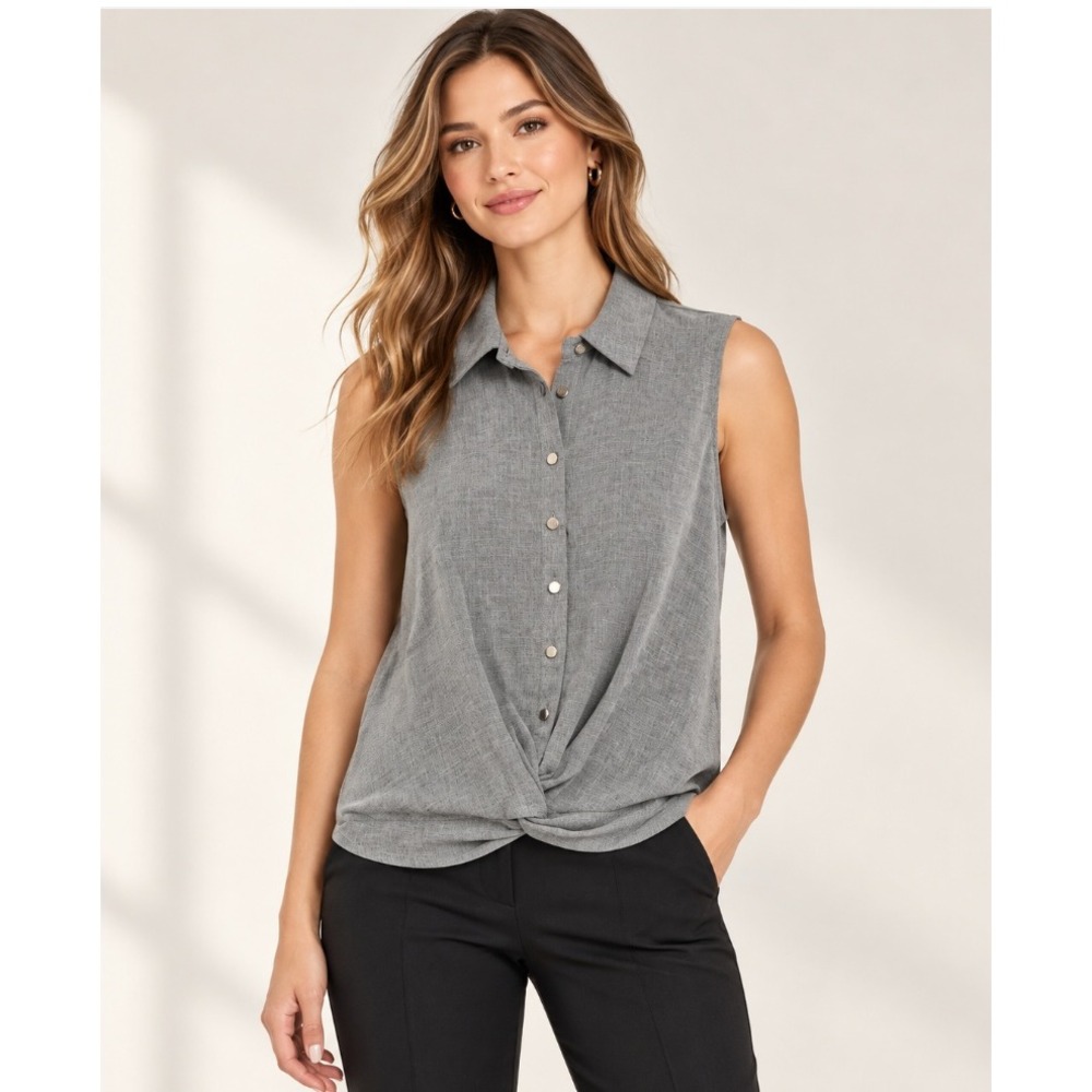 Halston Sleeveless Blouse Women Small Gray Twist Front Snap Button Top NWT